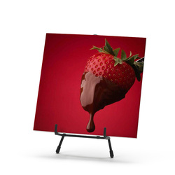 Tile photo print on easel - chocolate strawberry on red.